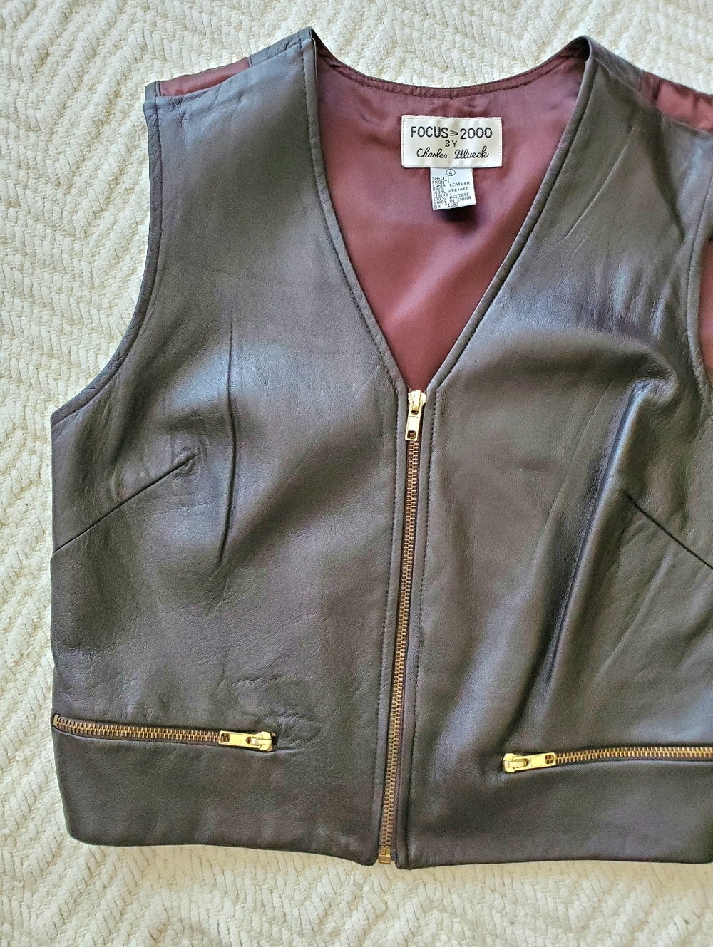Vintage Focus 2000 Brown Leather Zip Front Vest with Gold Hardware